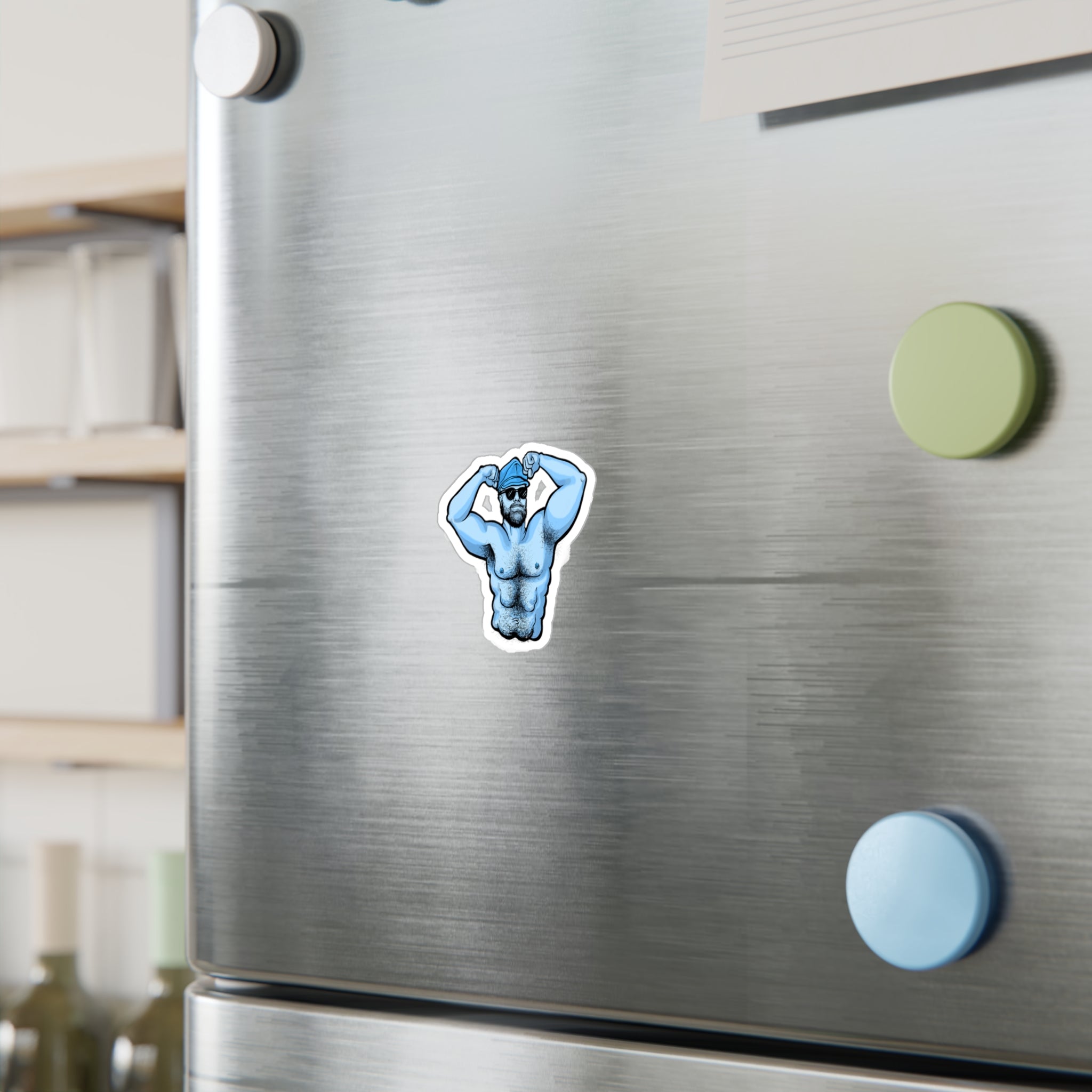 Blue Muscle Man Kiss-Cut Vinyl Sticker — Brawny Decal for Laptops, Water Bottles & Windows